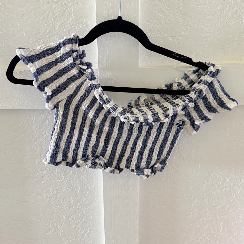 Striped Blue and White Off-Shoulder Ruffle Crop Top